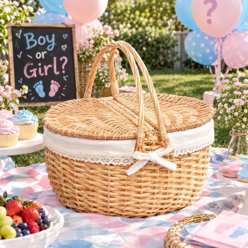 Hap Tim Wicker Picnic Basket for 2 - White Cloth, Classic Design, 16 Inch