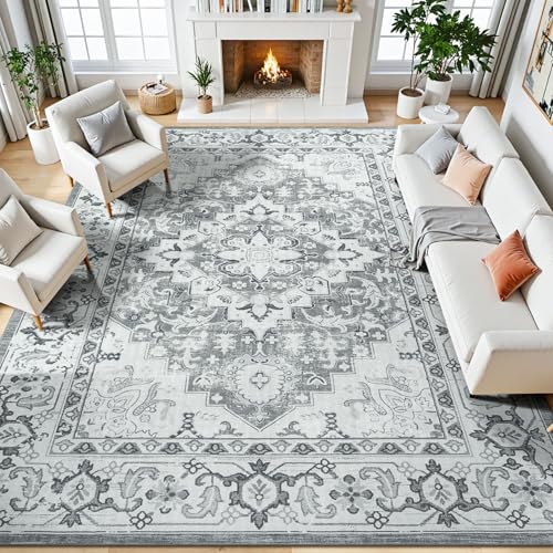 Grey Beige 9x12 Area Rug - Large Machine Washable Vintage Floral Carpet for Living Room