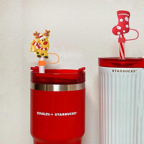 Winter 6-Pack Christmas Silicone Straw Covers for Stanley Cups - Reusable Snowflake Elk Santa Toppers