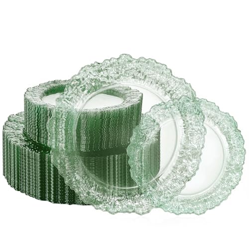 Green Plastic Plates Set 60 pcs – 30 10" Dinner + 30 7" Dessert, Clear Green Disposable Plates