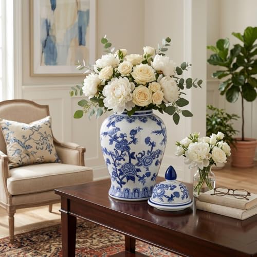 NESS AND JORD Blue 18" Ceramic Chinoiserie Ginger Jar with Lid, Large Tabletop Decor