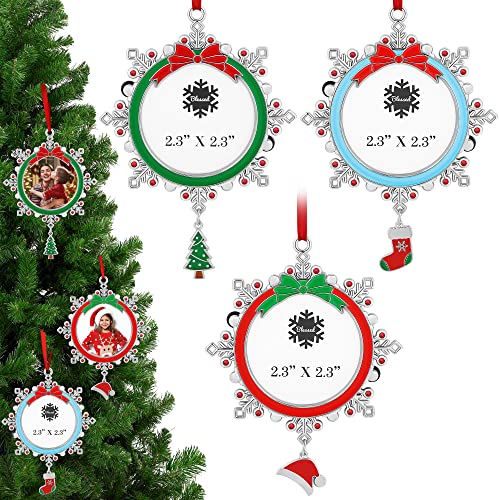 3 Pieces Snowflake Christmas Picture Frame Ornaments, Zinc Alloy, Red/Green/Blue