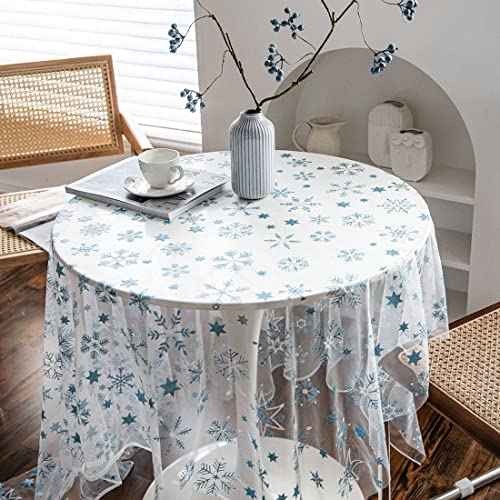 vctops Sparkling Snowflakes Lace Tablecloth Christmas Lace Table Cover Overlay for Party Wedding Kitchen Dining Home Decorations (Blue, 59"x59")