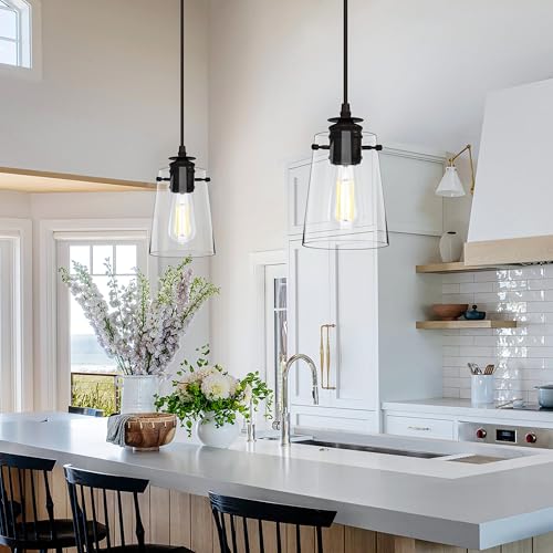 Black Pendant Lights for Kitchen Island - 3 Pack Modern Glass Hanging Fixtures