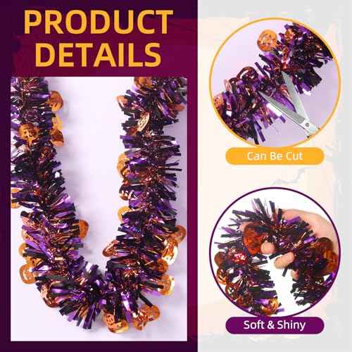 50 Feet Halloween Tinsel Garland Orange Purple Black Pumpkin Holiday Metallic Tinsel Twist Hanging Decorations for Birthday Halloween Party Supplies Indoor Outdoor Decoration (Pumpkin)