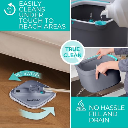 True & Tidy Spin Mop System - Dual Compartment, 360° Swivel, Microfiber Pads - Standard Version