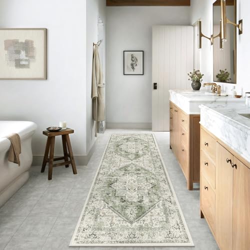Medallion Sage Green Runner Rug - Non-Slip 2.5x8 Oriental Hallway Carpet