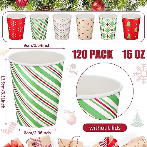 Funtery Christmas 16 oz Disposable Coffee Cups with Lids - 120 Pack, 6 Styles, Hot Cocoa & Party Drinkware