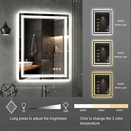 VanPokins 24x32 Inch Front & Backlit LED Bathroom Mirror with Anti-Fog, Dimmable Lights