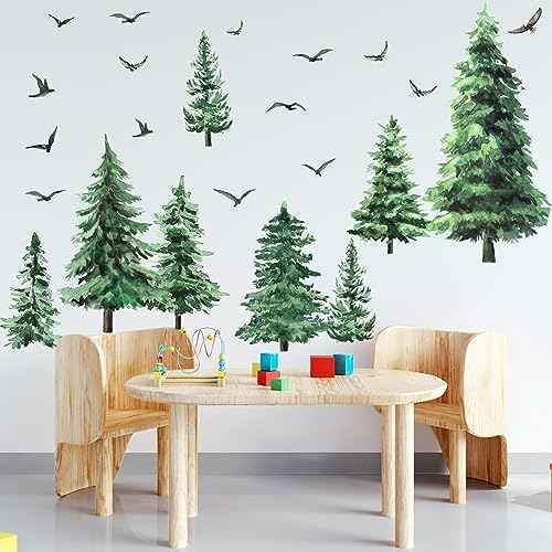 Qilery Watercolor Pine Tree Wall Decals Large Peel and Stick Forest Wall Decal Woodland Branch Birds Sticker Christmas Tree Stickers for Nursery Bedroom Living Room(Classic Style)