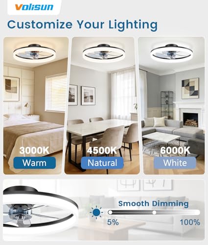 Black 20in VOLISUN Low Profile Ceiling Fan with Lights & Remote