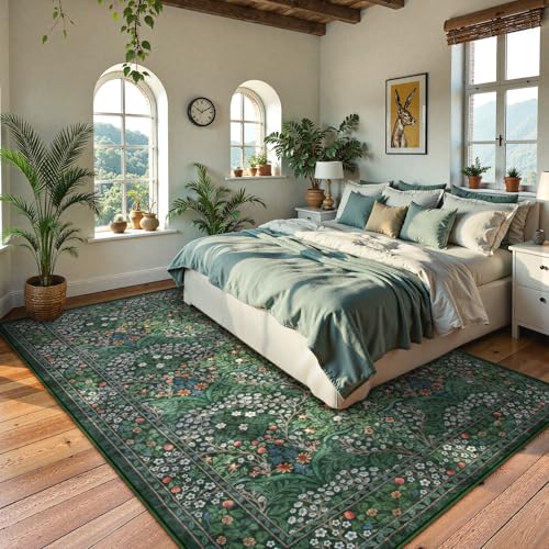 Dark Green Area Rug 8x10 - Washable Faux Wool Floral Pattern for Living Room - Variation of THIS listing