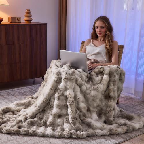 Jeyfull Fluffy Faux Rabbit Fur Throw Blanket King Size 108x90 Tie-Dyed Beige