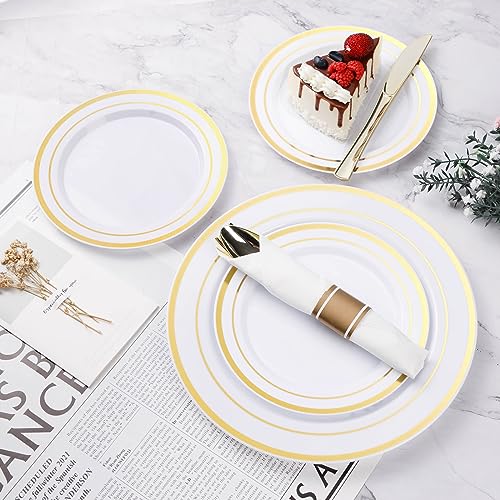 BESTVIP Gold Plastic Dinnerware Set for 50 Guests - Plates, Silverware, Cups & Napkins