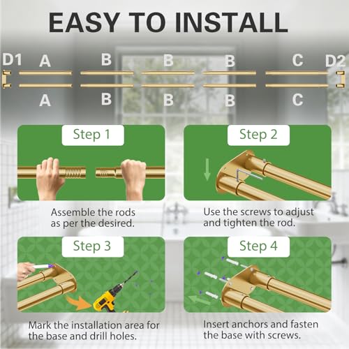 Adjustable Double Shower Curtain Rod 28-76 Inches Gold Wall Mount