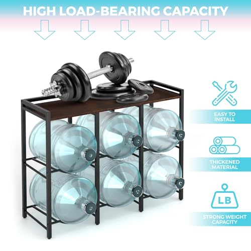 6 Slot Water Bottle Holder with Rustic Brown Wood Top Shelf for 5-Gallon Jugs - Heavy Duty Dispenser Stand
