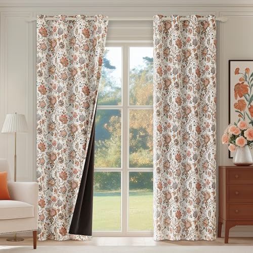 Blackout Floral Curtain Panels - 52W x 84L Inches, Pack of 2, Beige Boho Style