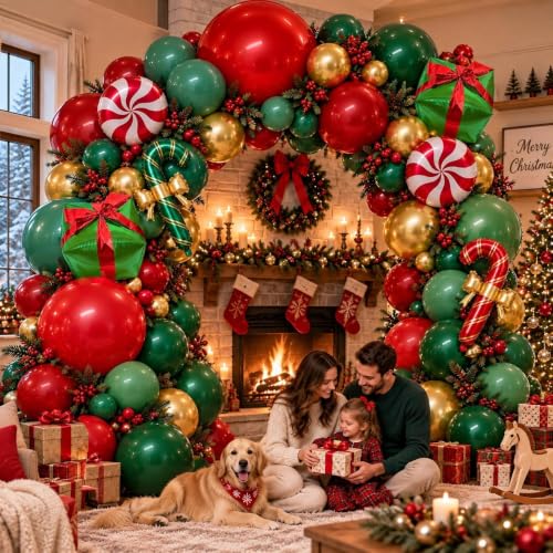 Aurovia Double Stuffed Dark Red, Green, Gold Christmas Balloon Arch Kit with Candy Cane Balloons - Sage Green & Chrome Variations