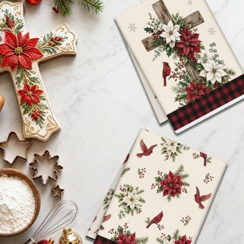 VISSTREE Multi-Poinsettia Cross Christmas Kitchen Towels Set, 2 Pcs Faith Holiday Decor