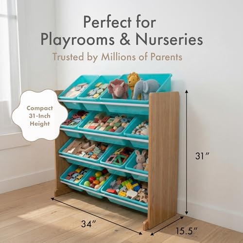 Kids Toy Organizer with 12 Bins - Tall Natural Wood & Aqua Storage Shelf