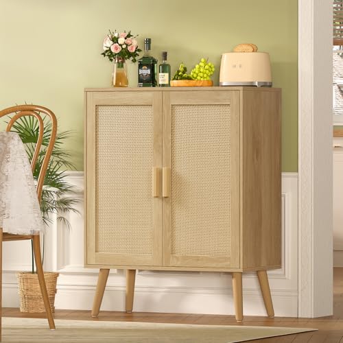 Natural Rattan Storage Cabinet with 2 Doors, Sideboard Buffet for Living & Dining Room