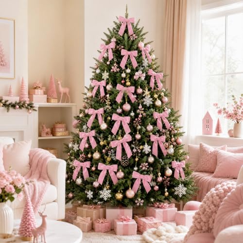 Yuubin 24 Pink Velvet Ribbon Bows for Christmas & Holiday Decorations - 5.5x6.5in