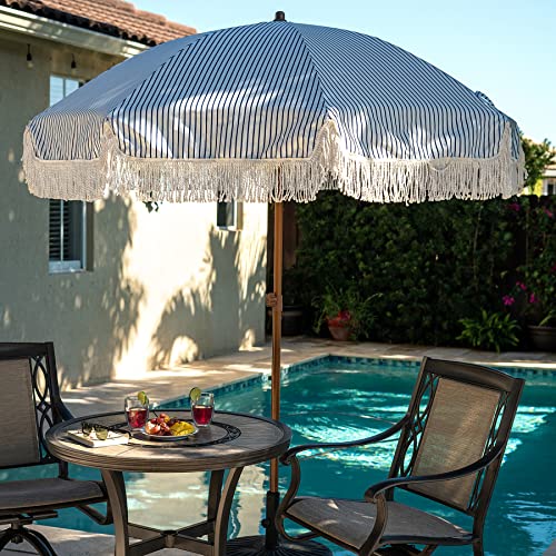 7ft Patio Umbrella with Fringe Navy Blue Stripes UPF50+ Tilt & Steel Pole