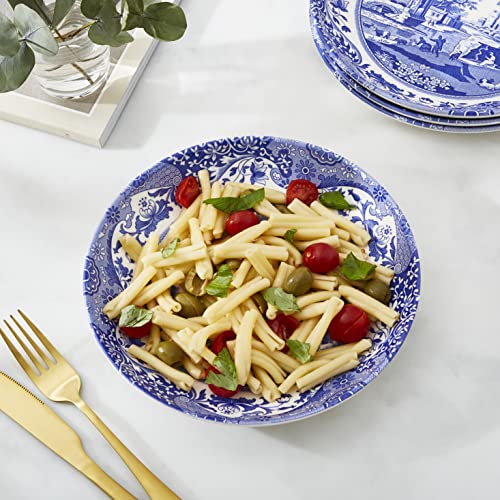 Blue Italian Pasta Bowls Set of 4 - 9 Inch Earthenware Serving Dishes with Oriental Border