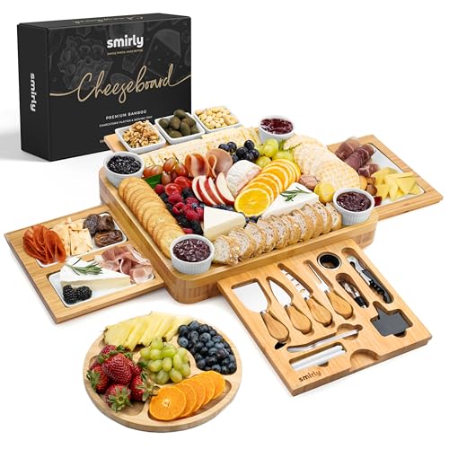 SMIRLY Bamboo Charcuterie Board Set with 4 Drawers and Serving Accessories