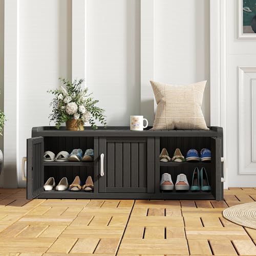 NUNU LAB 3-Door Waterproof Shoe Storage Cabinet with Adjustable Shelves, Entryway Bench, Black