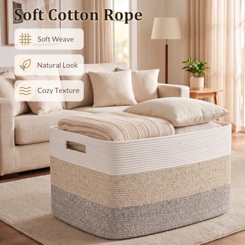 Large Cotton Rope Blanket Basket - Dog Toy Storage with Handles - Gradient Brown