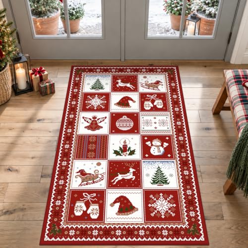 Olacotta 3' x 5' Christmas Rug - Red/White Tree & Reindeer Pattern, Machine Washable