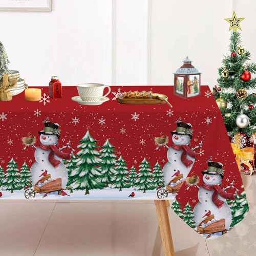 Quimoy Christmas Tablecloth 60¡¿84 Inch Rectangular, Washable Xmas Trees Snowflake Table Cover, Red Winter Xmas Snowman Table Cloth for Christmas Party Picnic Kitchen Dinner Decor