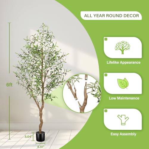 6ft Faux Olive Tree with Natural Textured Trunk & Lifelike Leaves - Realistic Indoor Decor