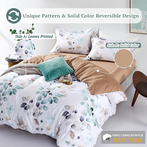 King White Brown Floral Green Leaves Duvet Cover Set 3pcs - No Comforter