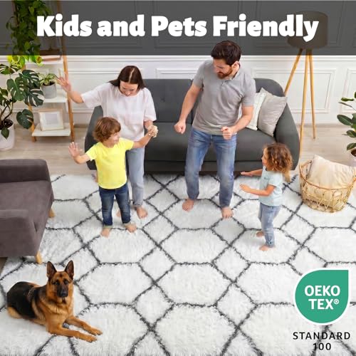 ONASAR 8x10 White & Grey Geometric Fluffy Area Rug - Modern Living Room & Bedroom Decor