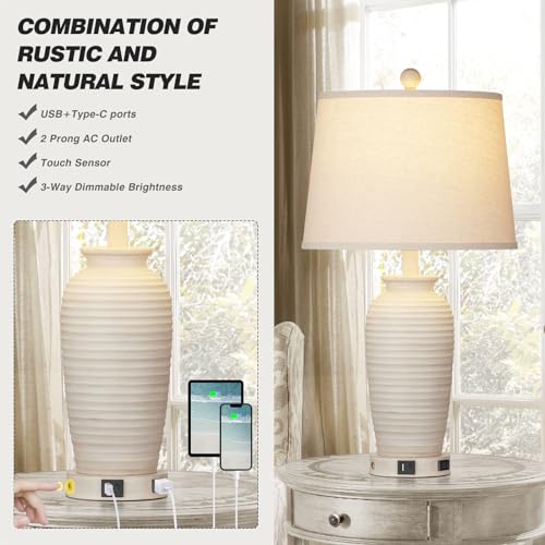 CINSARY Cream Farmhouse Jar Table Lamps Set of 2 with USB & Outlets, 3-Way Touch Control, Rustic Bedside Lamps for Bedroom & Living Room