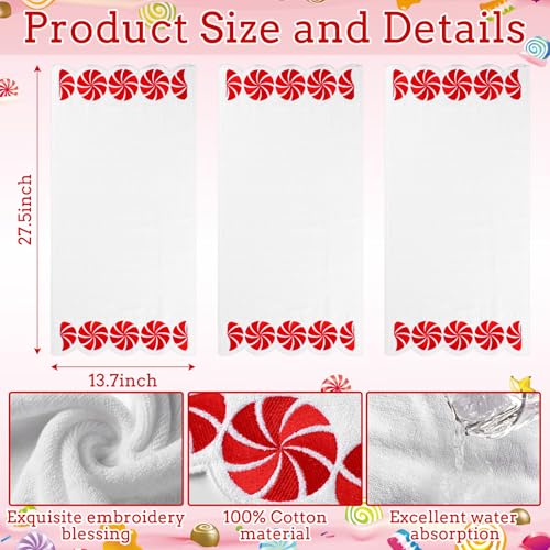VitalCozy Christmas Peppermint Candy Hand Towels 3-Pack - Festive Cotton Decor