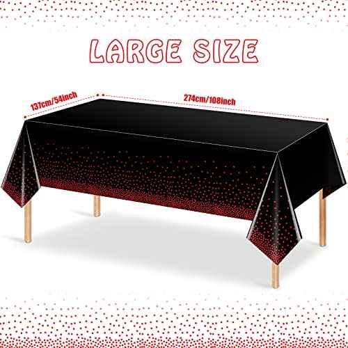 1 Pack Red and Black Dot Plastic Tablecloth, Red Stamping Dot Confetti Rectangle Plastic Disposable Table Cover for Birthday Wedding Baby Shower Engagement Anniversary Party Decorations, 54 x 108 Inch