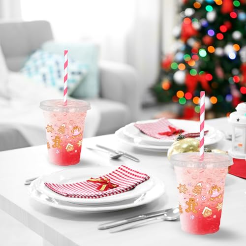 50 Pack Christmas Disposable Plastic Cups with Lids & Straws - Pink Gingerbread Theme, 12oz Party Supplies