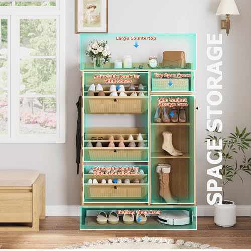 Garvee 3-Drawer Light Oak Shoe Cabinet with 4-Tier Storage & Rattan Doors