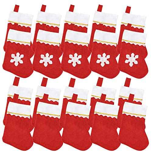 20 Pack Christmas Mini Stockings Sock Decoration Snowflake Tableware Holders, Red Felt Knife Spoon Fork Bag Candy Pouch Bag Plush Cuff Socking for Xmas Party Tree Dinner Table Home Ornaments