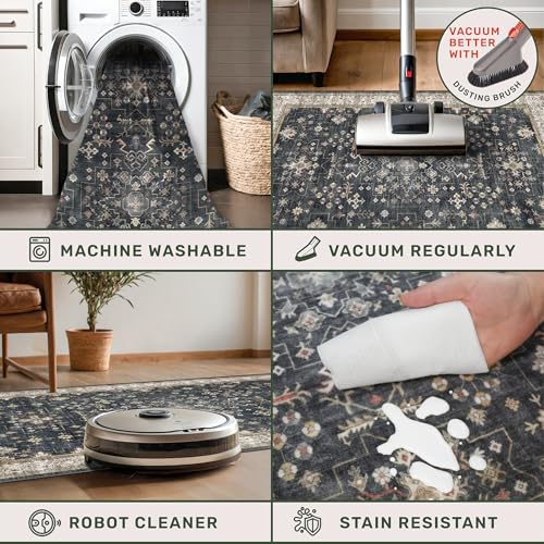 Ashen Multi 5x7 Boho Living Room Rug - Washable Vintage Non-Slip Carpet