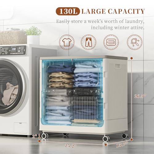 Milky 130L Rolling Laundry Hamper with Lid - Easy Move & Lock, Tall Storage Basket
