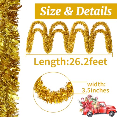 26.2 Ft Tinsel Garland Decoration for Holiday Tree Walll Home Office Event, Christmas, Birthday, Weddings, Party Decorations, Fluffy Twist for All-Season Indoor Outdoor Events - Gold