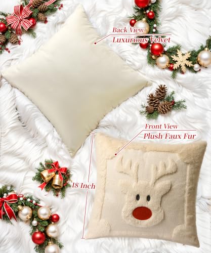 SEGXCFL Faux Fur Christmas Pillow Covers 18x18 Set of 2 with Reindeer Pattern – 18in Throw Pillow Covers