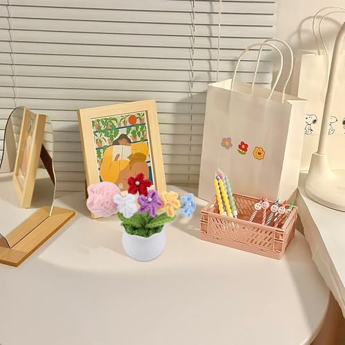 Crochet Pink Flower Pot Set - Handmade Knit Artificial Flowers for Home Office Decor