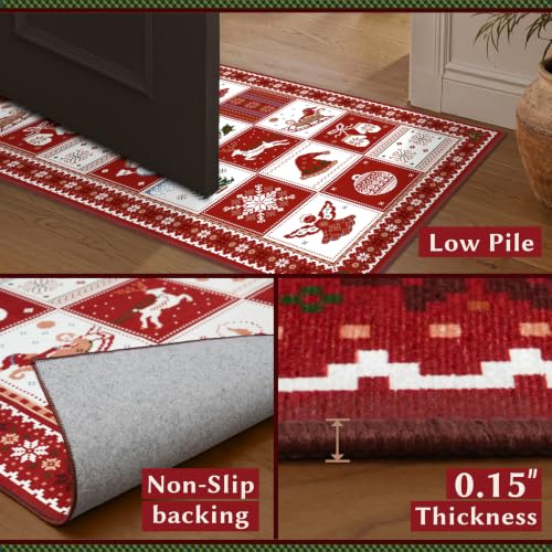Olacotta 3' x 5' Christmas Rug - Red/White Tree & Reindeer Pattern, Machine Washable