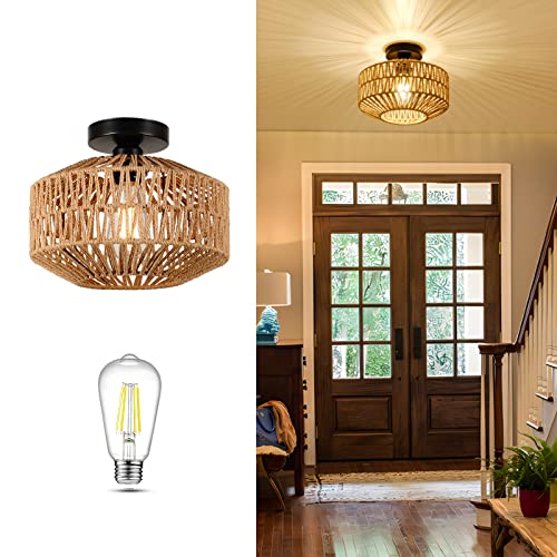 Boho Ceiling Light Fixture with Dimmable LED Bulb - Mini Rattan Chandelier, Brown Variation