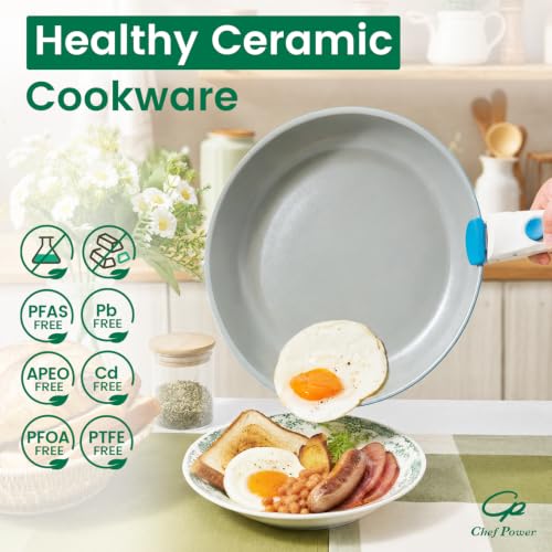 Chef Power 14-Piece Ceramic Cookware Set with Detachable Handles - Non-Toxic, Induction, Dishwasher & Oven Safe, Turquoise
